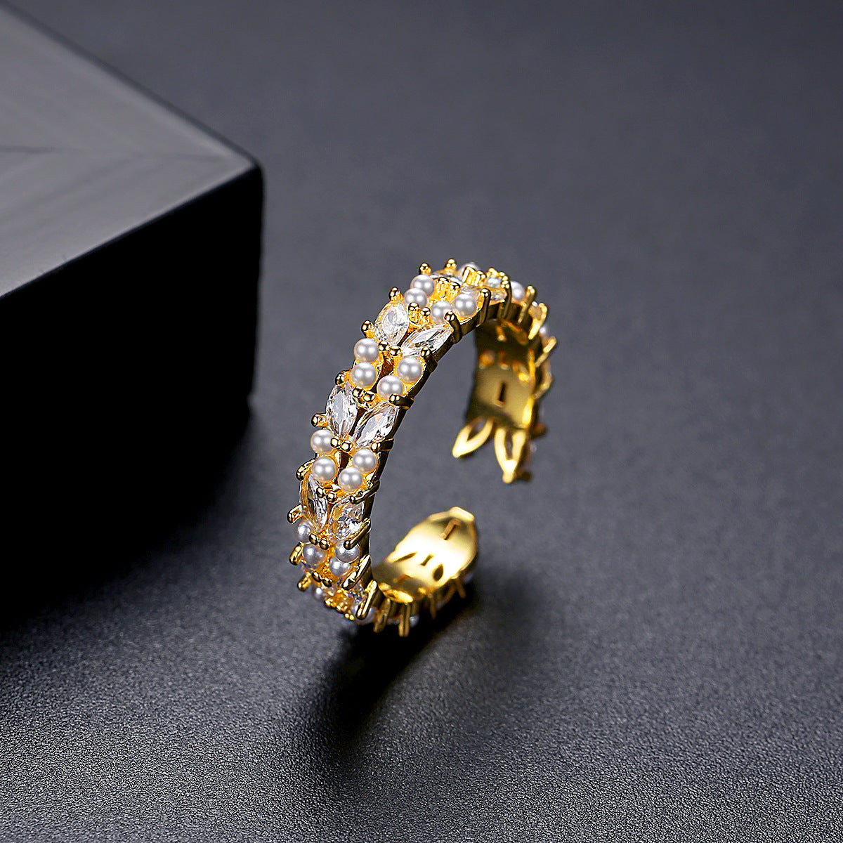 Gold Plated Faux Pearl & Marquise Cubic Zirconia Open Band Ring AAA428