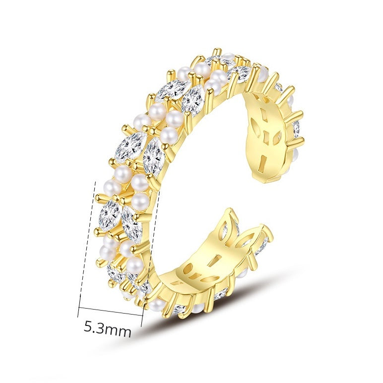 Gold Plated Faux Pearl & Marquise Cubic Zirconia Open Band Ring AAA428