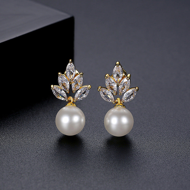Gold Plated Marquise Cubic Zirconia & Faux Pearl Drop Earrings AAA444