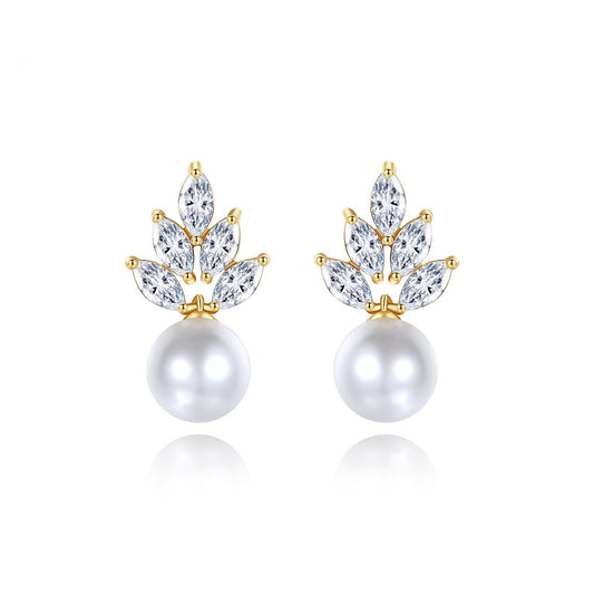 Gold Plated Marquise Cubic Zirconia & Faux Pearl Drop Earrings AAA444
