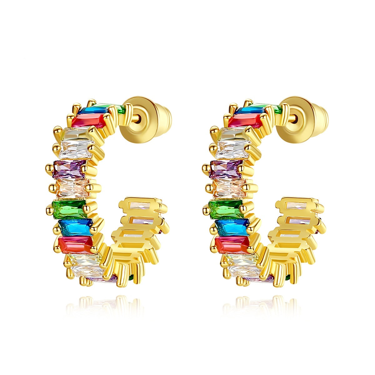 Gold Plated Colorful Baguette Cubic Zirconia Open C Hoop Earrings AAA476
