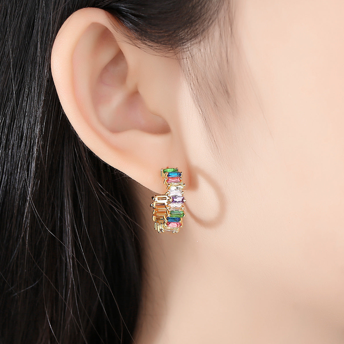 Gold Plated Colorful Baguette Cubic Zirconia Open C Hoop Earrings AAA476