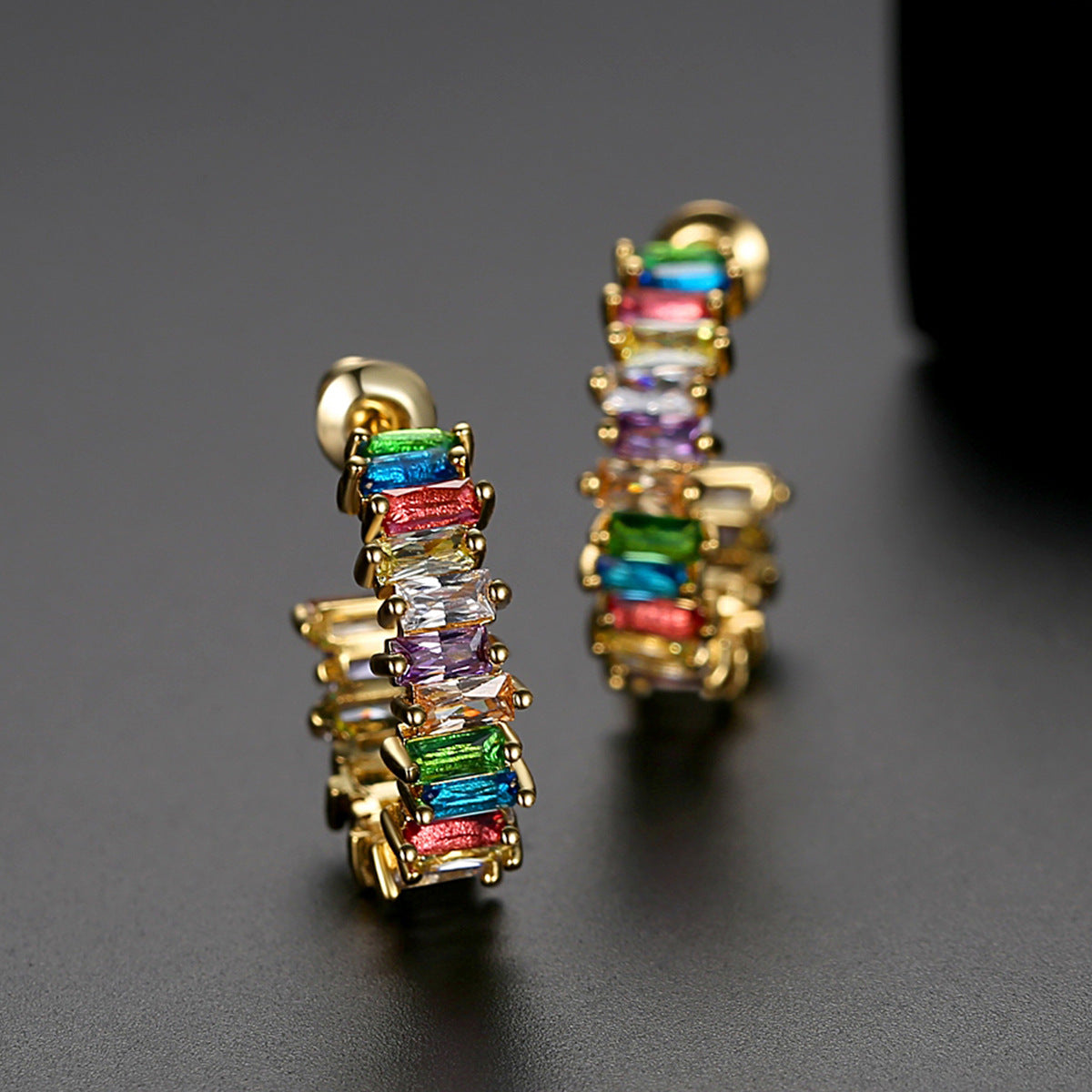 Gold Plated Colorful Baguette Cubic Zirconia Open C Hoop Earrings AAA476