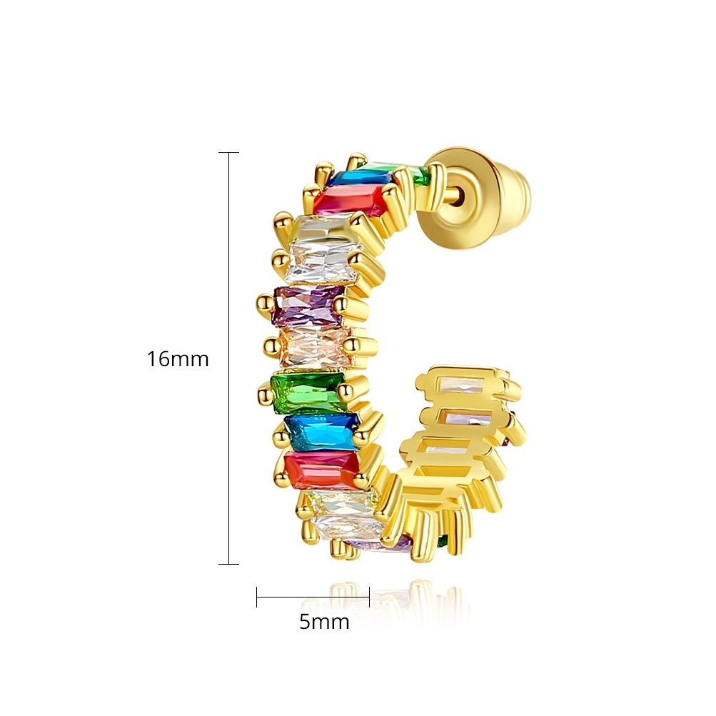 Gold Plated Colorful Baguette Cubic Zirconia Open C Hoop Earrings AAA476