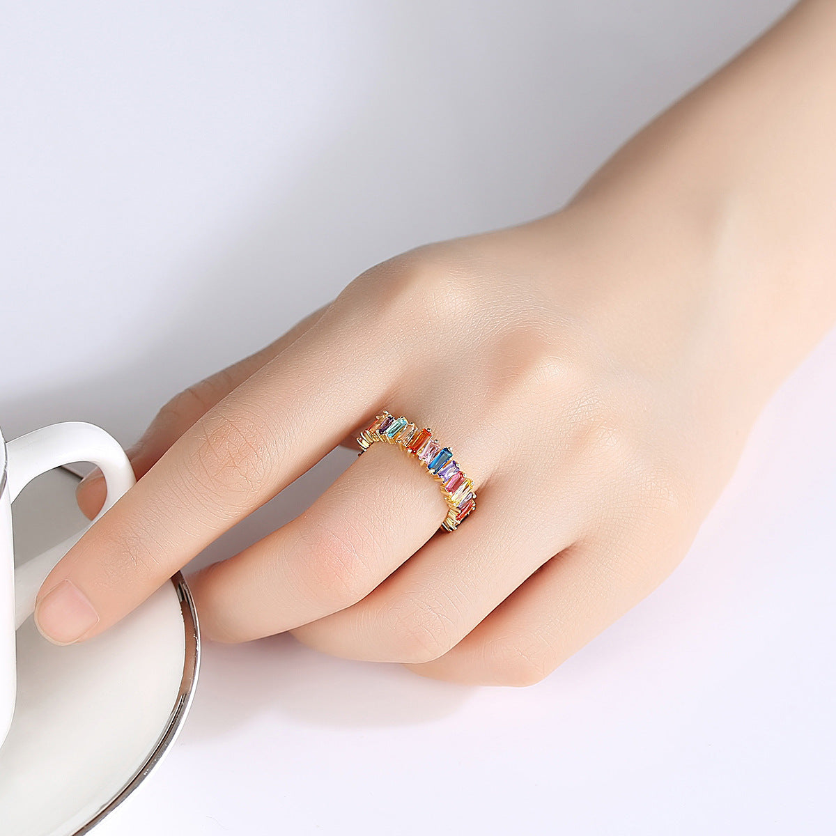 Rainbow Square Baguette Cubic Zirconia Engagement Ring AAA496