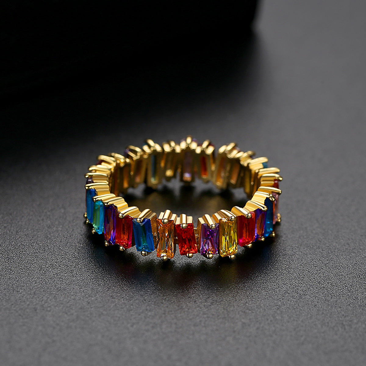 Rainbow Square Baguette Cubic Zirconia Engagement Ring AAA496