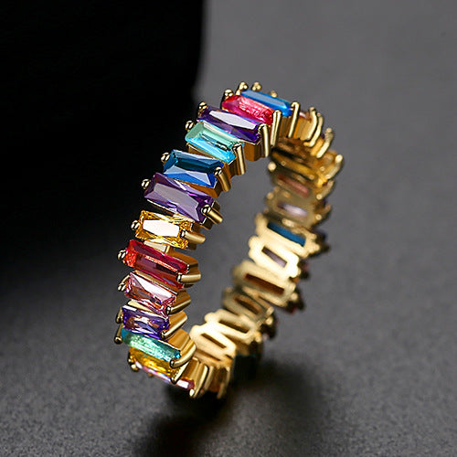 Rainbow Square Baguette Cubic Zirconia Engagement Ring AAA496