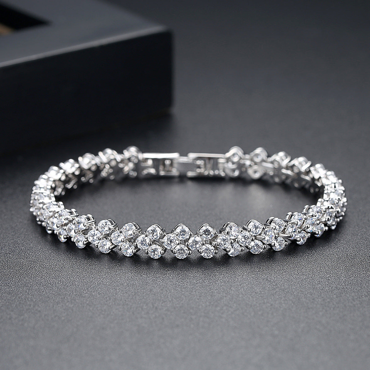White Gold Plated Cubic Zirconia Floral Chain Bracelet AAA663