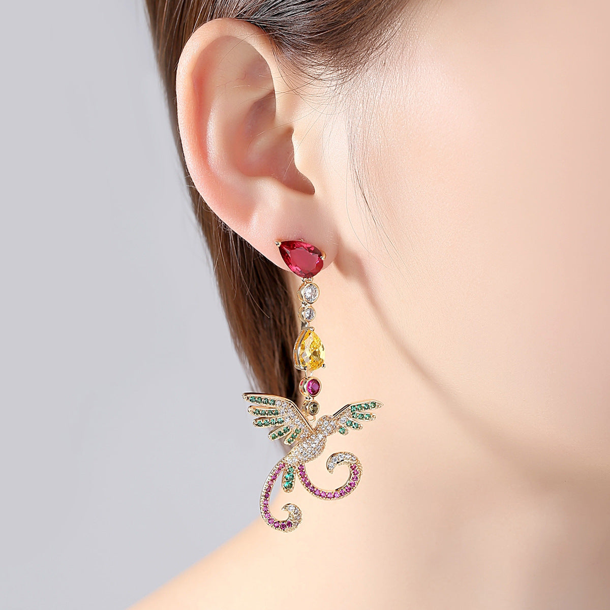 Multicolor Phoenix Spirit Cubic Zirconia Long Drop Dangle Earrings AAA680