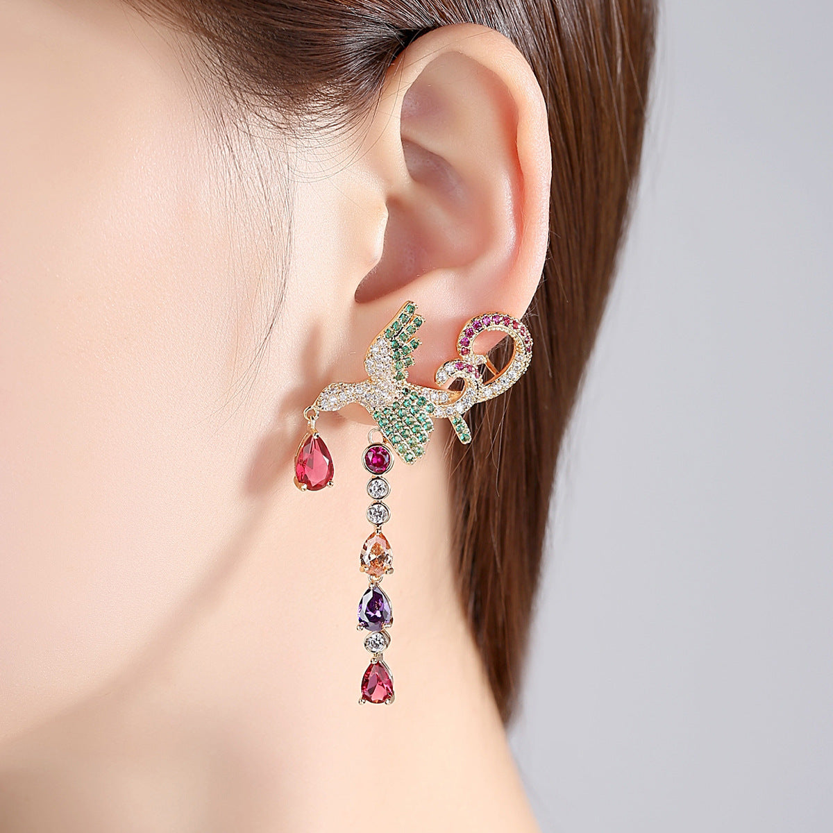 Multicolor Phoenix Spirit Cubic Zirconia Long Drop Dangle Earrings AAA680