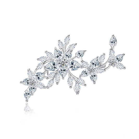 White Gold Plated Cubic Zirconia Flower & Leaf Brooch AAA802