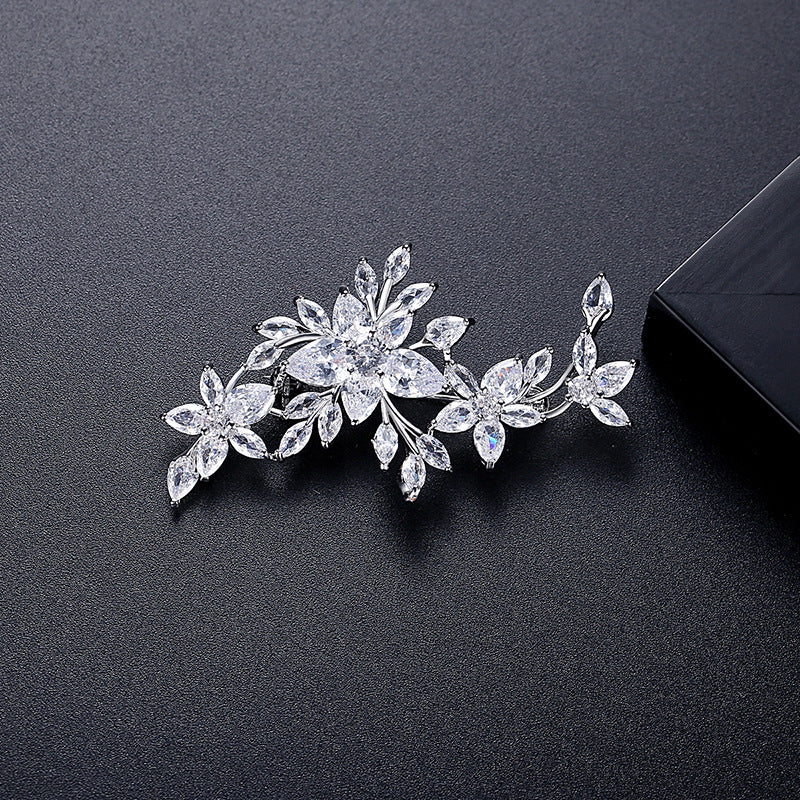 White Gold Plated Cubic Zirconia Flower & Leaf Brooch AAA802