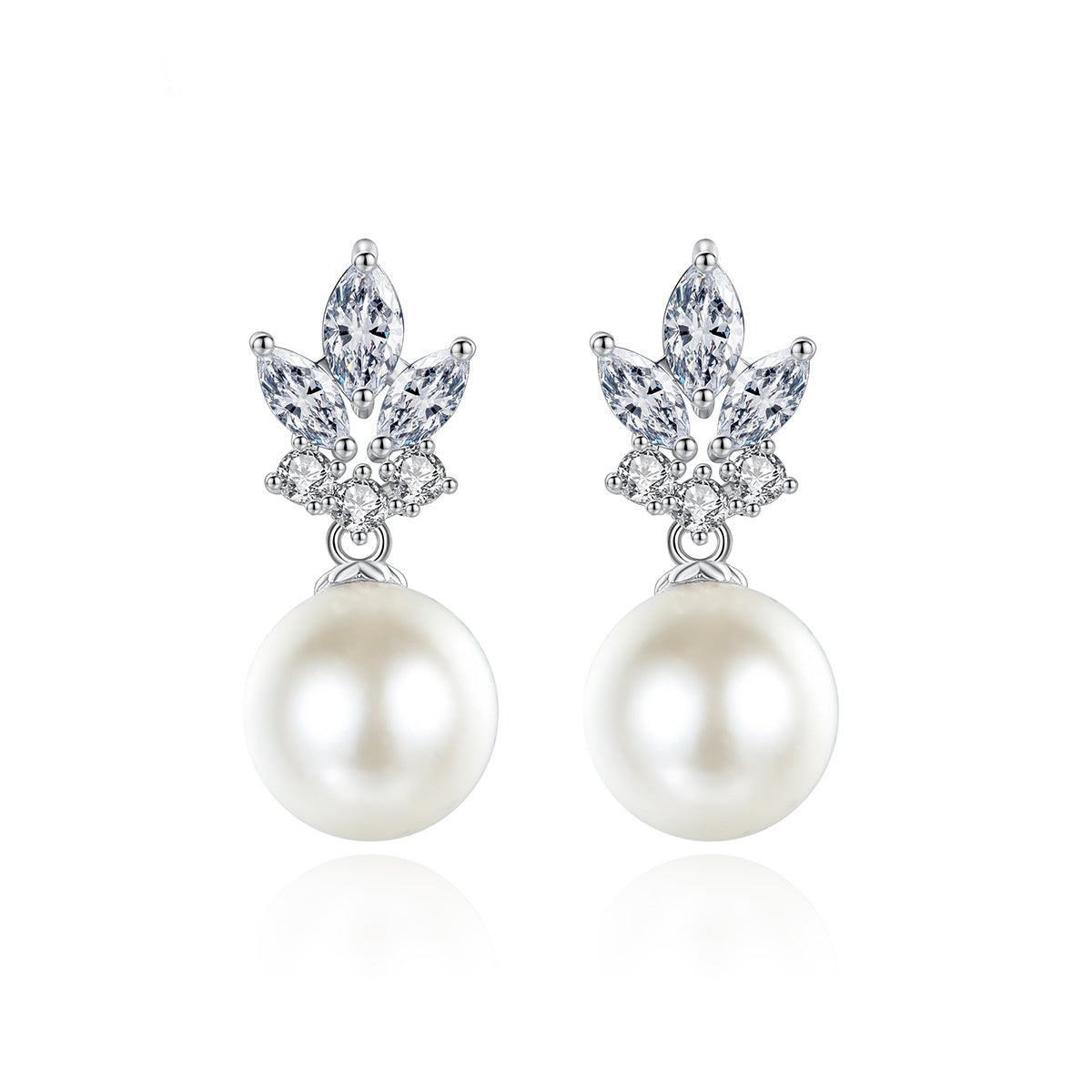 White Gold Plated Cubic Zirconia Faux Pearl Dangle Drop Earrings AAA812