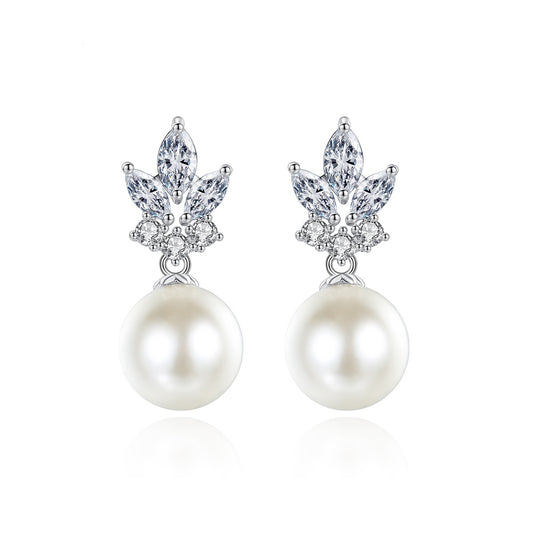 White Gold Plated Cubic Zirconia Faux Pearl Dangle Drop Earrings AAA812