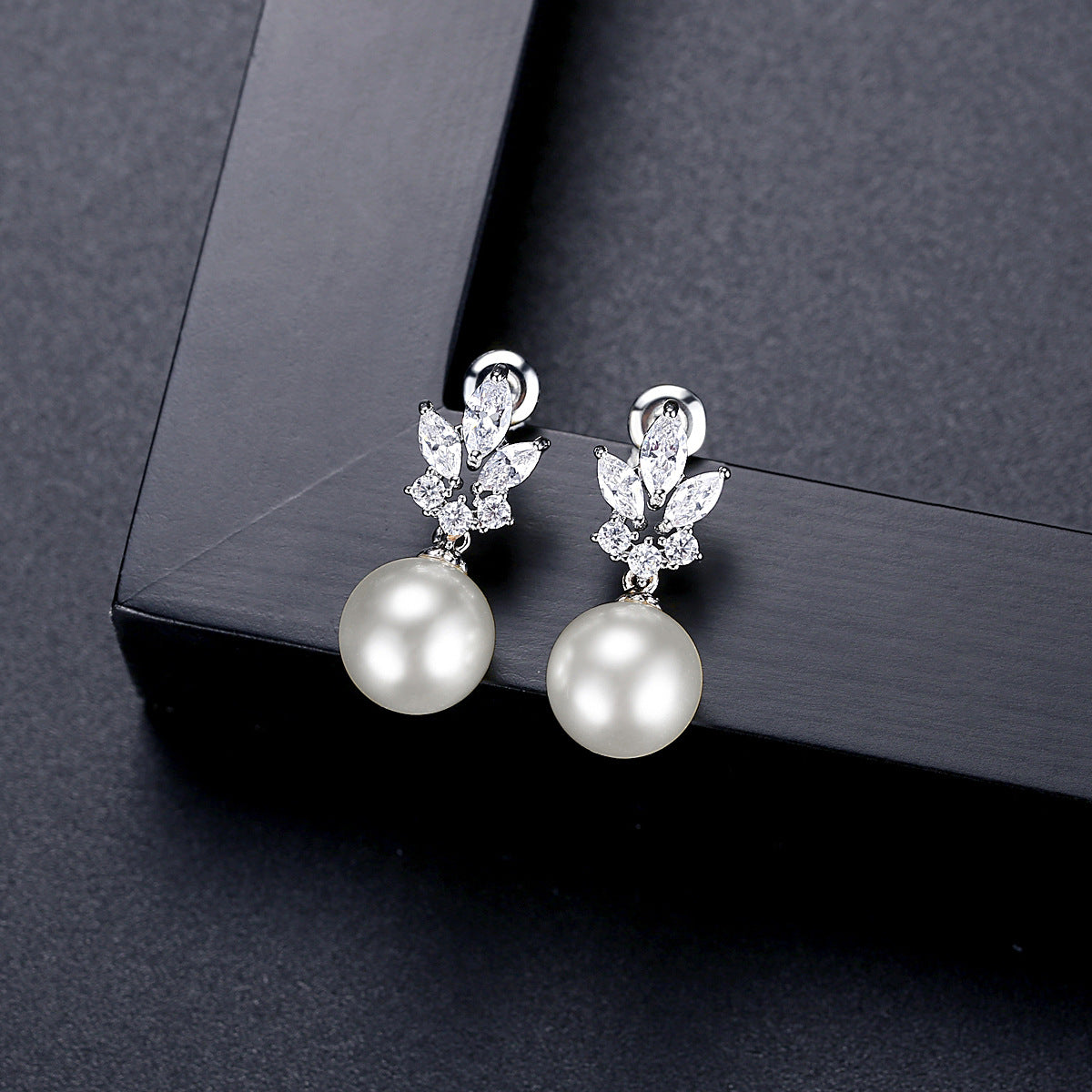 White Gold Plated Cubic Zirconia Faux Pearl Dangle Drop Earrings AAA812