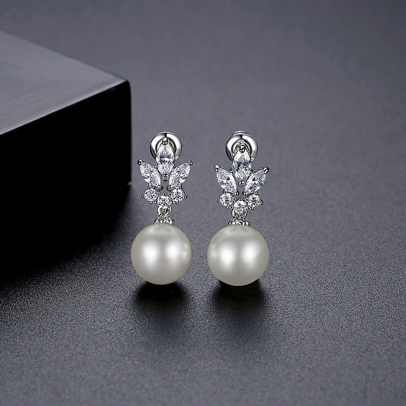 White Gold Plated Cubic Zirconia Faux Pearl Dangle Drop Earrings AAA812