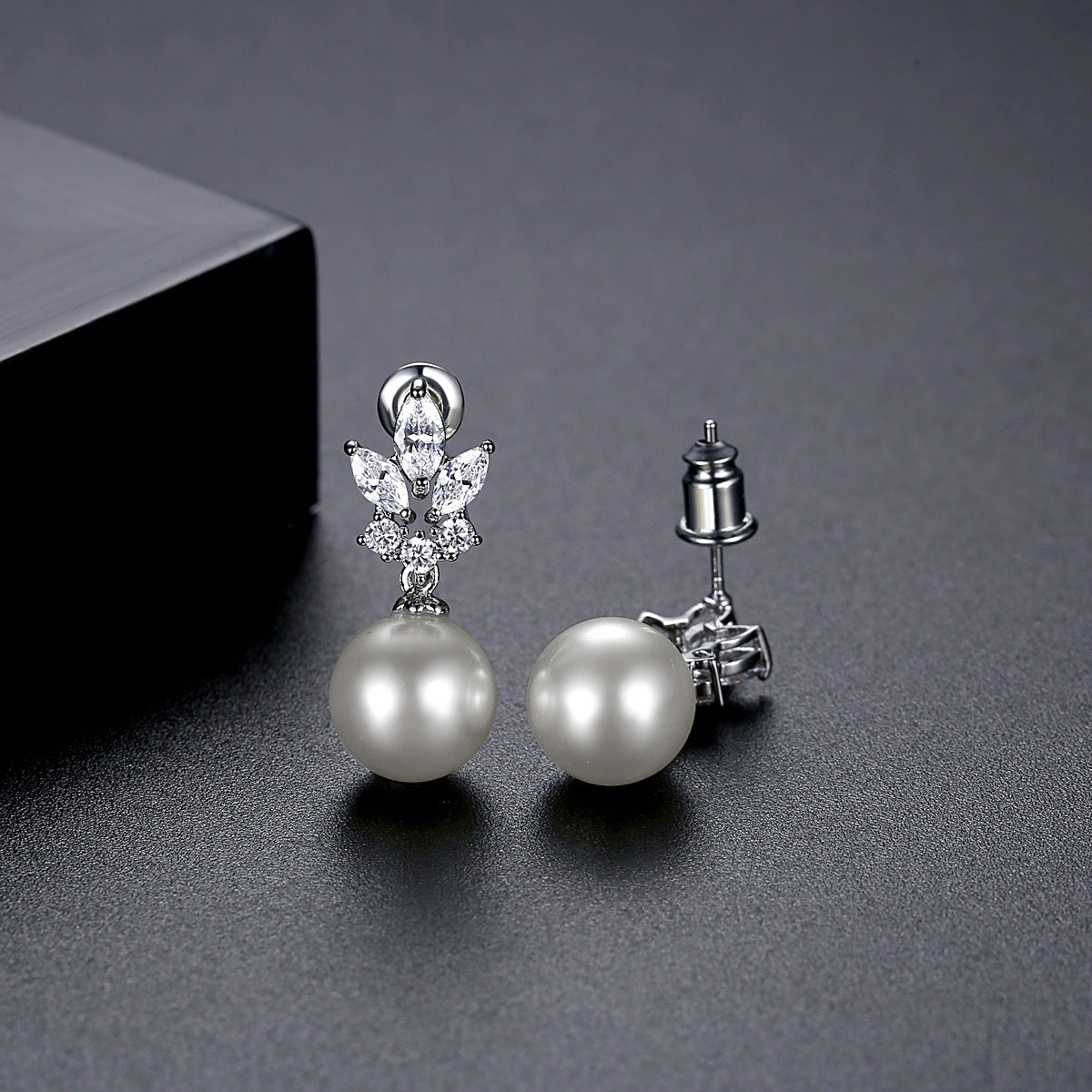 White Gold Plated Cubic Zirconia Faux Pearl Dangle Drop Earrings AAA812