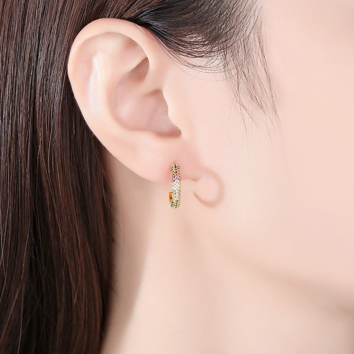 Rainbow Cubic Zirconia Open C Shape Hoop Earrings AAA824