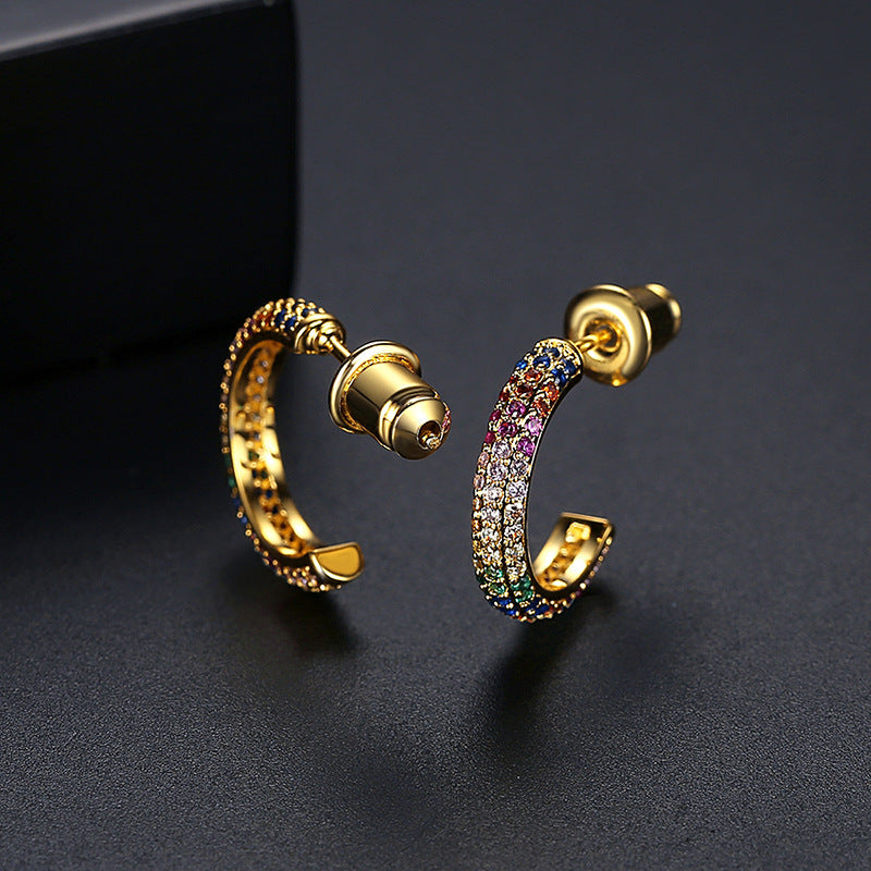 Rainbow Cubic Zirconia Open C Shape Hoop Earrings AAA824