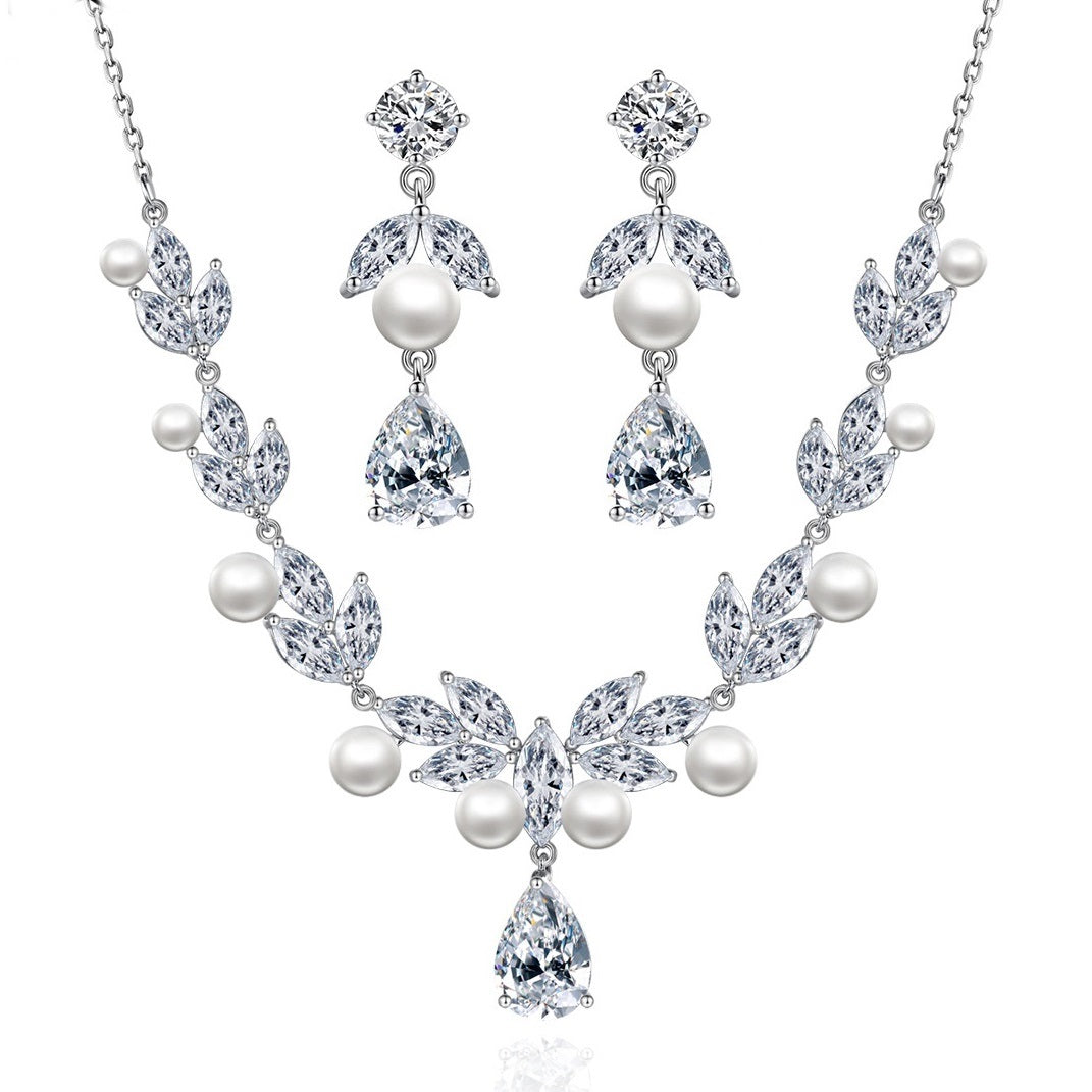 Faux Pearl Marquise & Pear Drop Cubic Zirconia Necklace & Earrings AAA947
