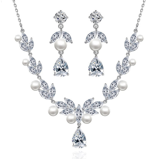 Faux Pearl Marquise & Pear Drop Cubic Zirconia Necklace & Earrings AAA947