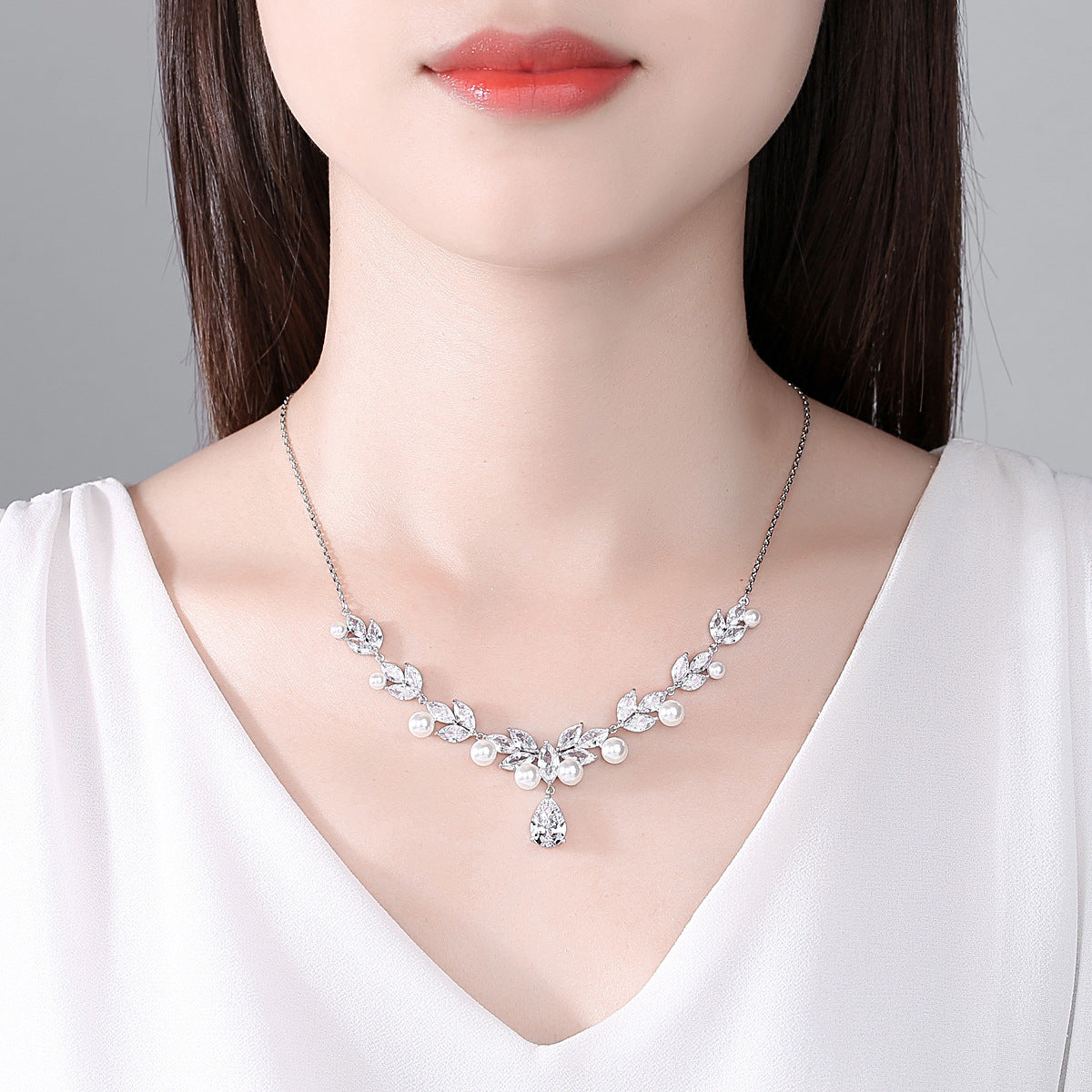 Faux Pearl Marquise & Pear Drop Cubic Zirconia Necklace & Earrings AAA947