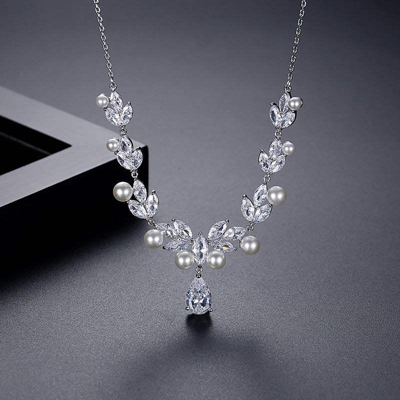 Faux Pearl Marquise & Pear Drop Cubic Zirconia Necklace & Earrings AAA947