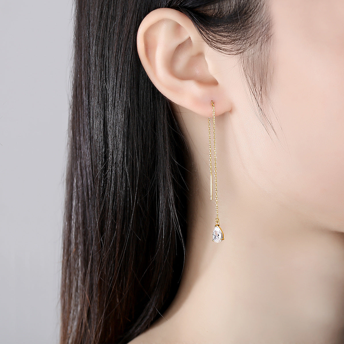 Gold Plated Pear Shape Cubic Zirconia Threader Earrings AAA951