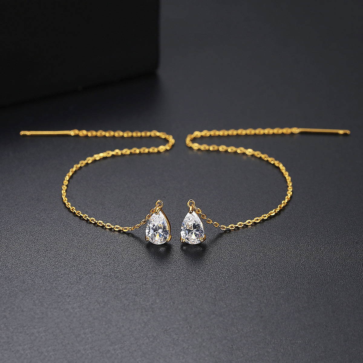 Gold Plated Pear Shape Cubic Zirconia Threader Earrings AAA951