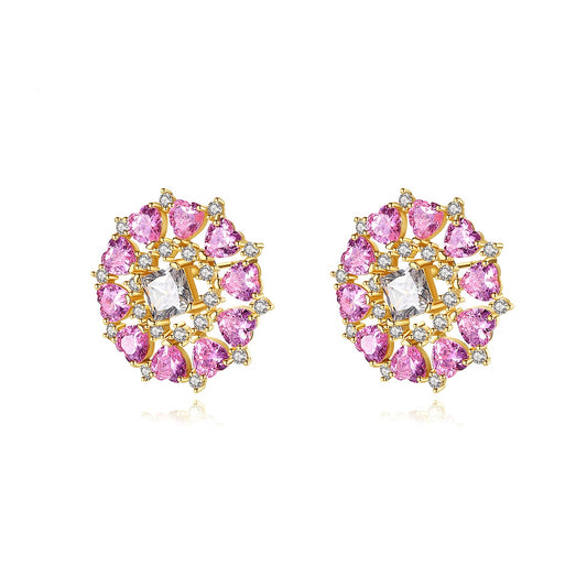 Gold Shaped Heart-Shaped Pink Cubic Zirconia Stud Earrings AAA955
