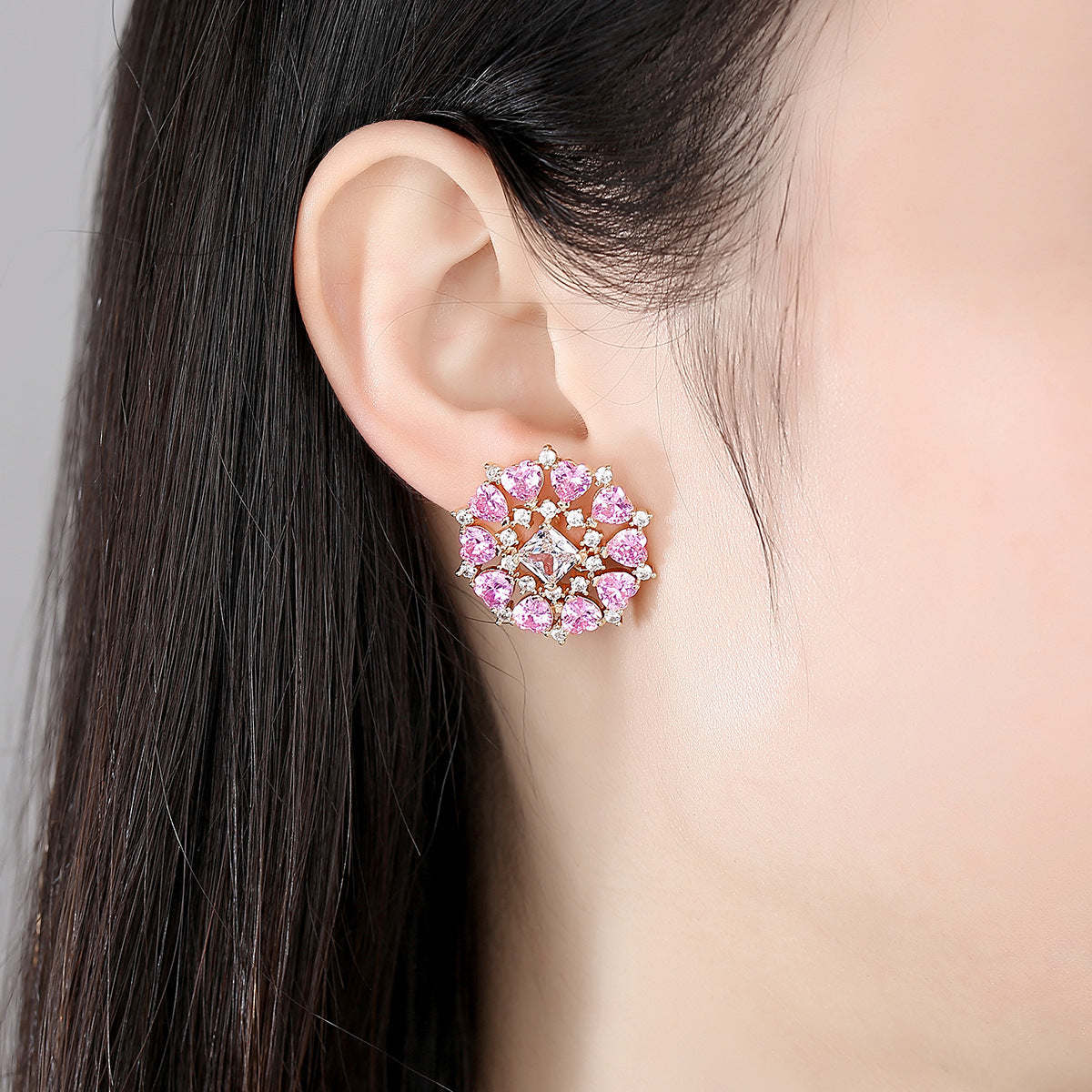 Gold Shaped Heart-Shaped Pink Cubic Zirconia Stud Earrings AAA955