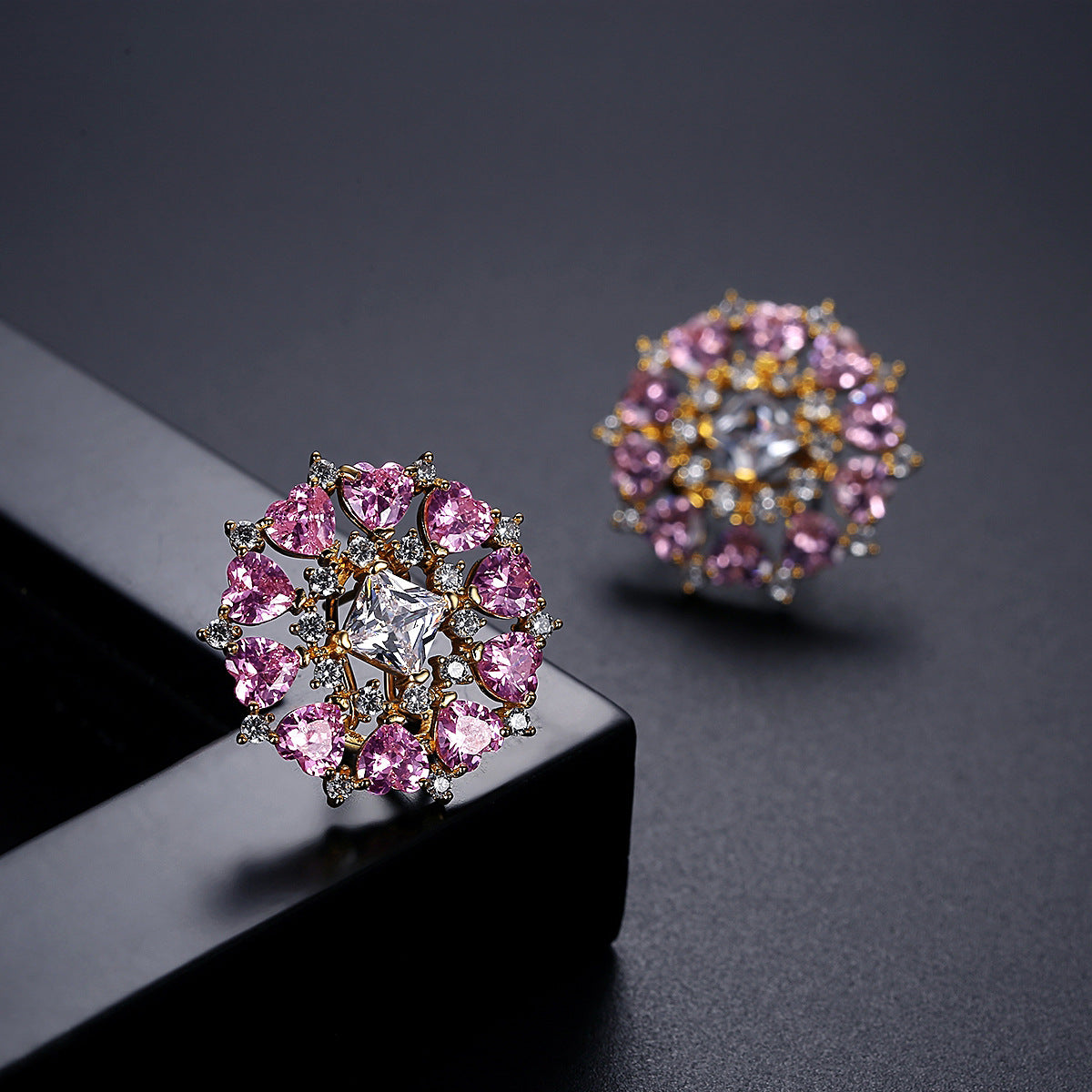 Gold Shaped Heart-Shaped Pink Cubic Zirconia Stud Earrings AAA955