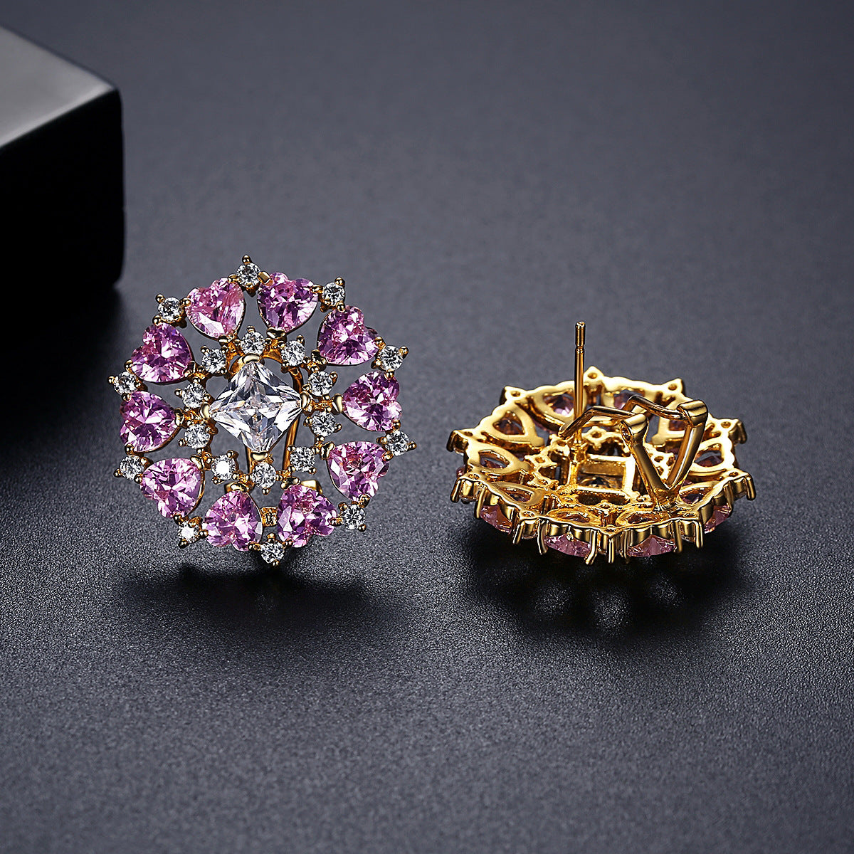 Gold Shaped Heart-Shaped Pink Cubic Zirconia Stud Earrings AAA955