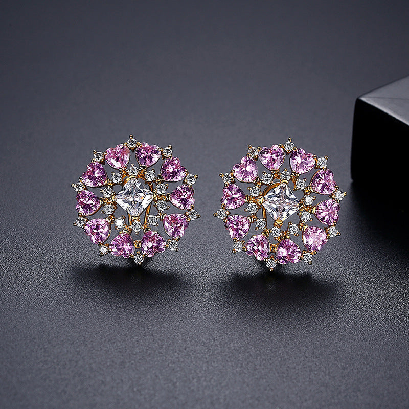 Gold Shaped Heart-Shaped Pink Cubic Zirconia Stud Earrings AAA955