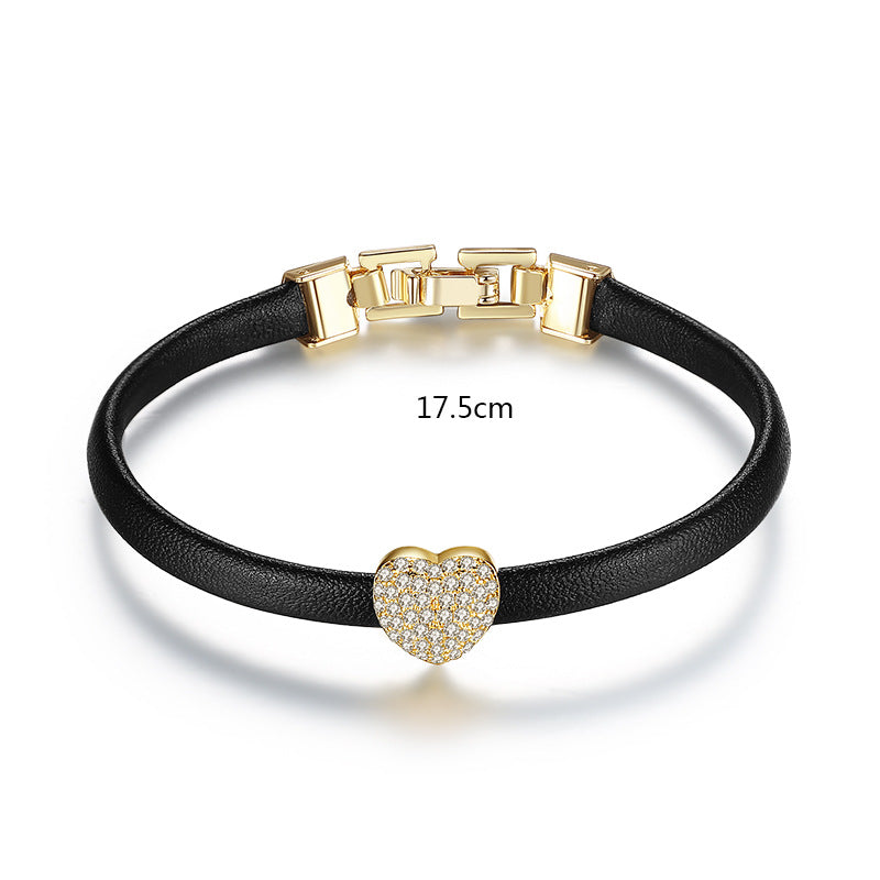 Gold Plated Heart Shape Cubic Zirconia Leather Bracelet AAA968