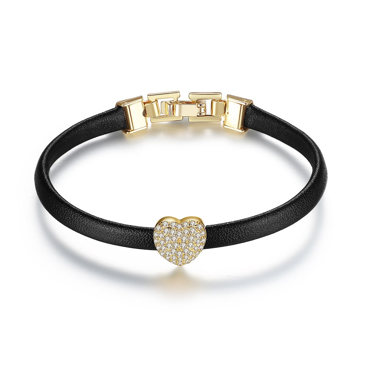 Gold Plated Heart Shape Cubic Zirconia Leather Bracelet AAA968