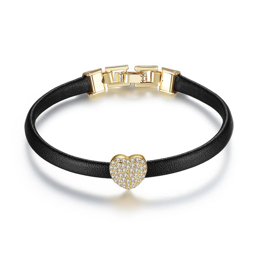 Gold Plated Heart Shape Cubic Zirconia Leather Bracelet AAA968