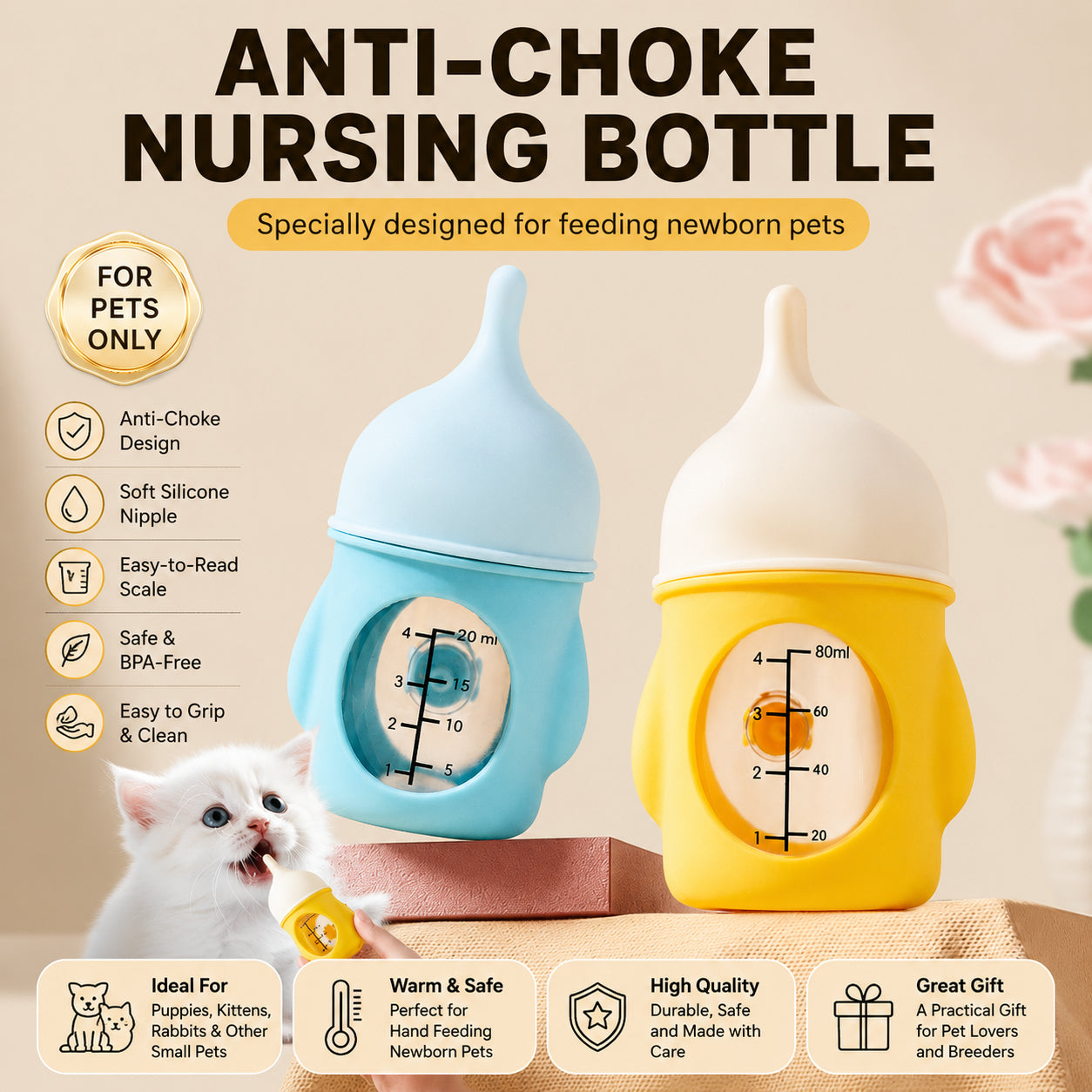 5 Pack Anti-Choke Pet Feeding Bottles for Puppies & Kittens