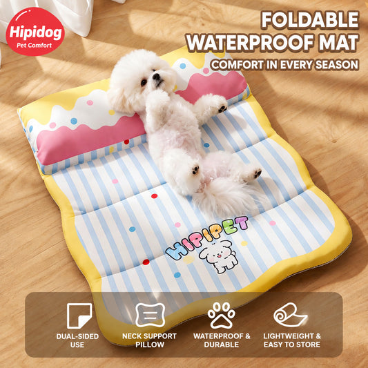 Foldable Waterproof Pet Cooling Mat with Neck Support Pillow | Portable Dog & Cat Sleeping Pad