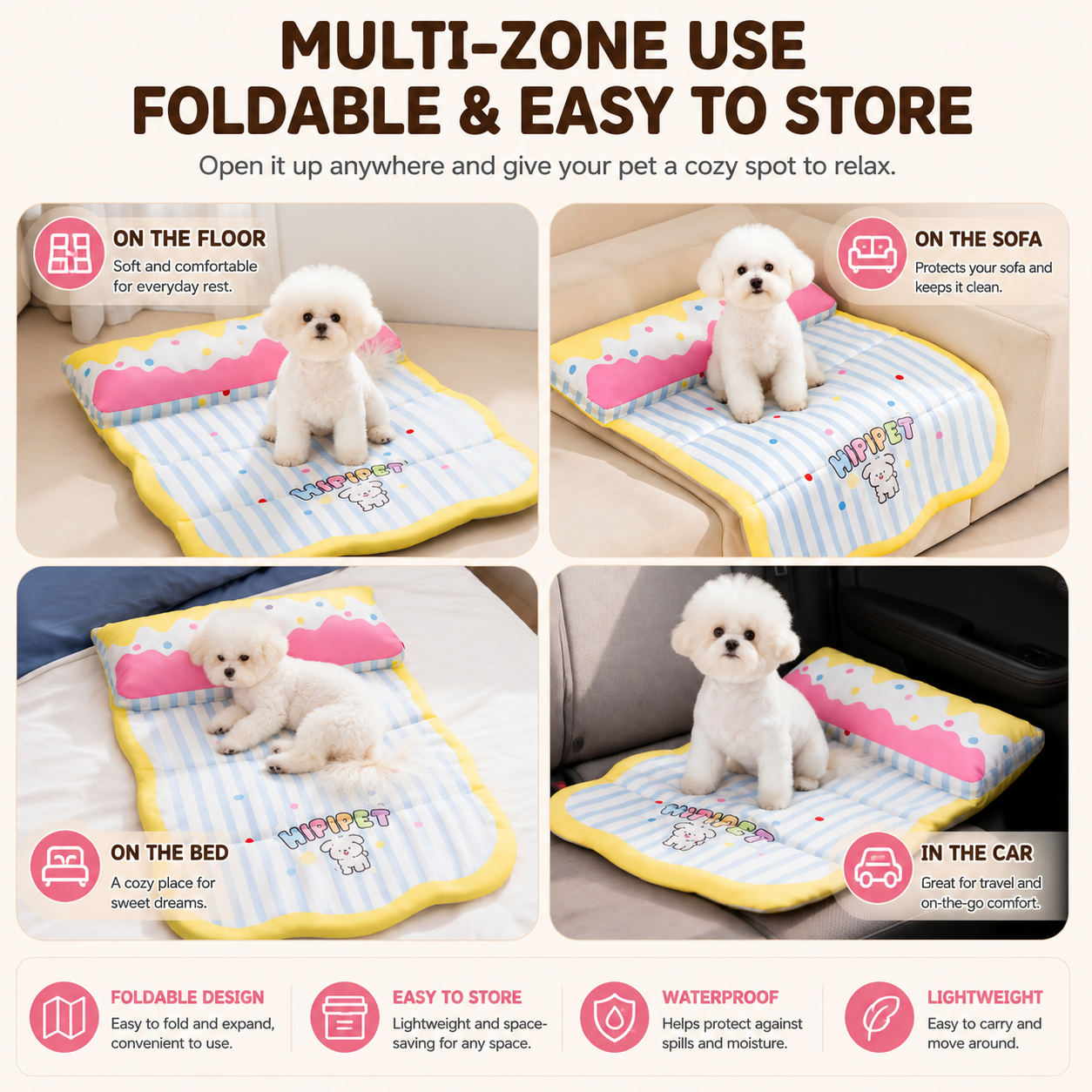Foldable Waterproof Pet Cooling Mat with Neck Support Pillow | Portable Dog & Cat Sleeping Pad