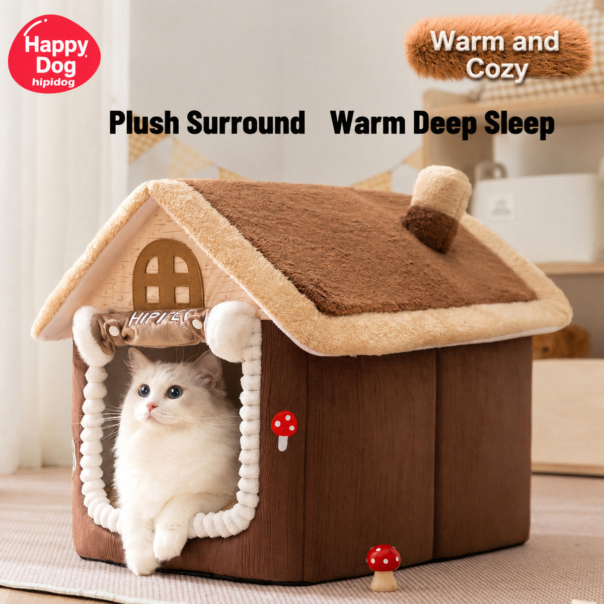 Luxury Plush Cat House Bed – Soft Warm Pet Cave with Roof Design