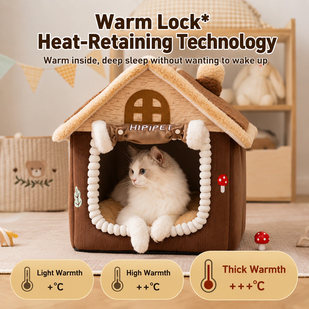 Luxury Plush Cat House Bed – Soft Warm Pet Cave with Roof Design