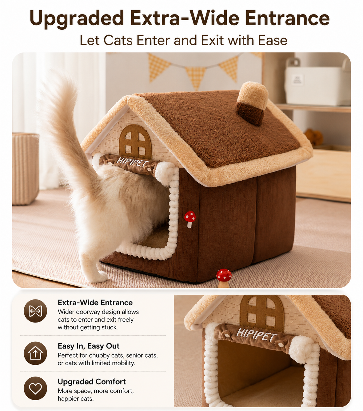 Luxury Plush Cat House Bed – Soft Warm Pet Cave with Roof Design