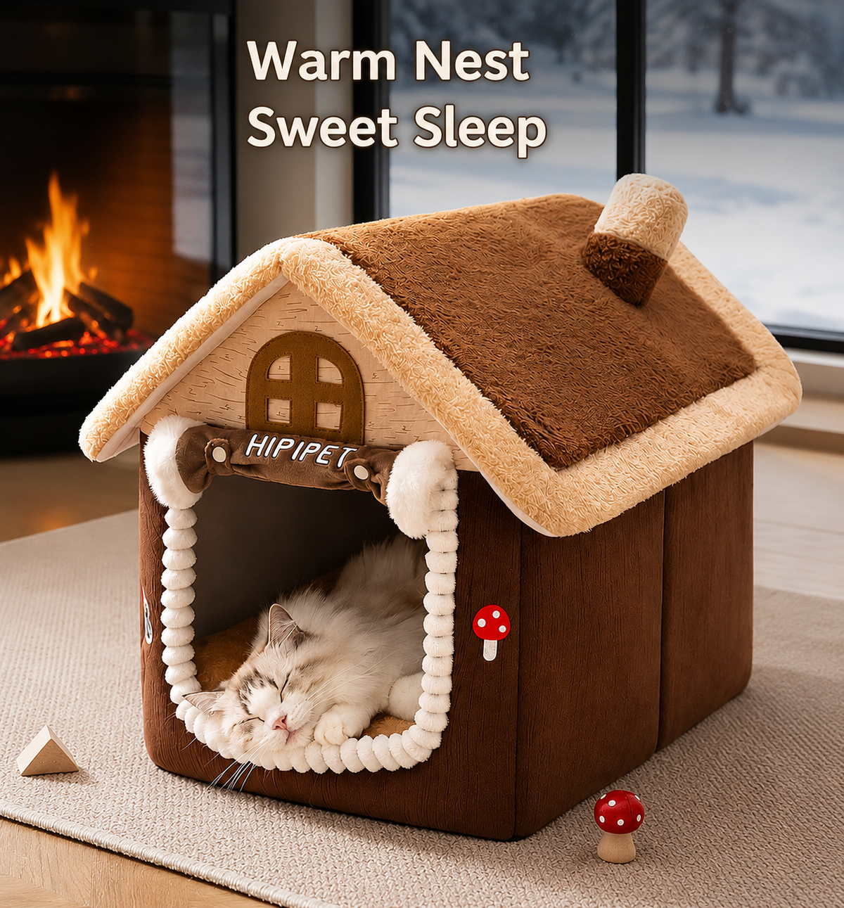 Luxury Plush Cat House Bed – Soft Warm Pet Cave with Roof Design