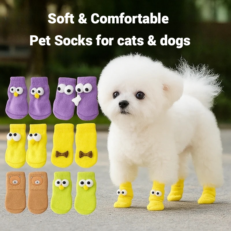 5 pairs of Cute Cartoon Pet Socks – Non-Slip Cotton Socks for Dogs & Cats