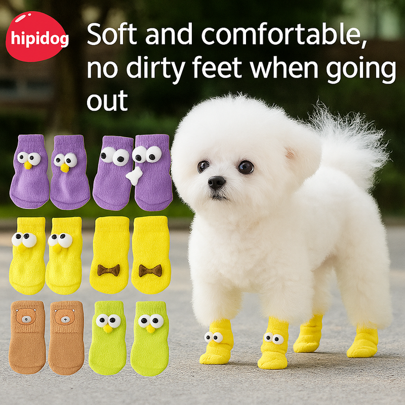 4 PCs Cute Cartoon Pet Socks – Four Seasons Knitted Non-Slip Cotton Socks for Dogs & Cats