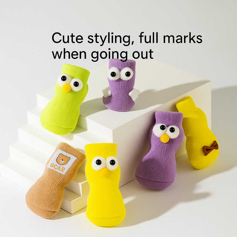 4 PCs Cute Cartoon Pet Socks – Four Seasons Knitted Non-Slip Cotton Socks for Dogs & Cats