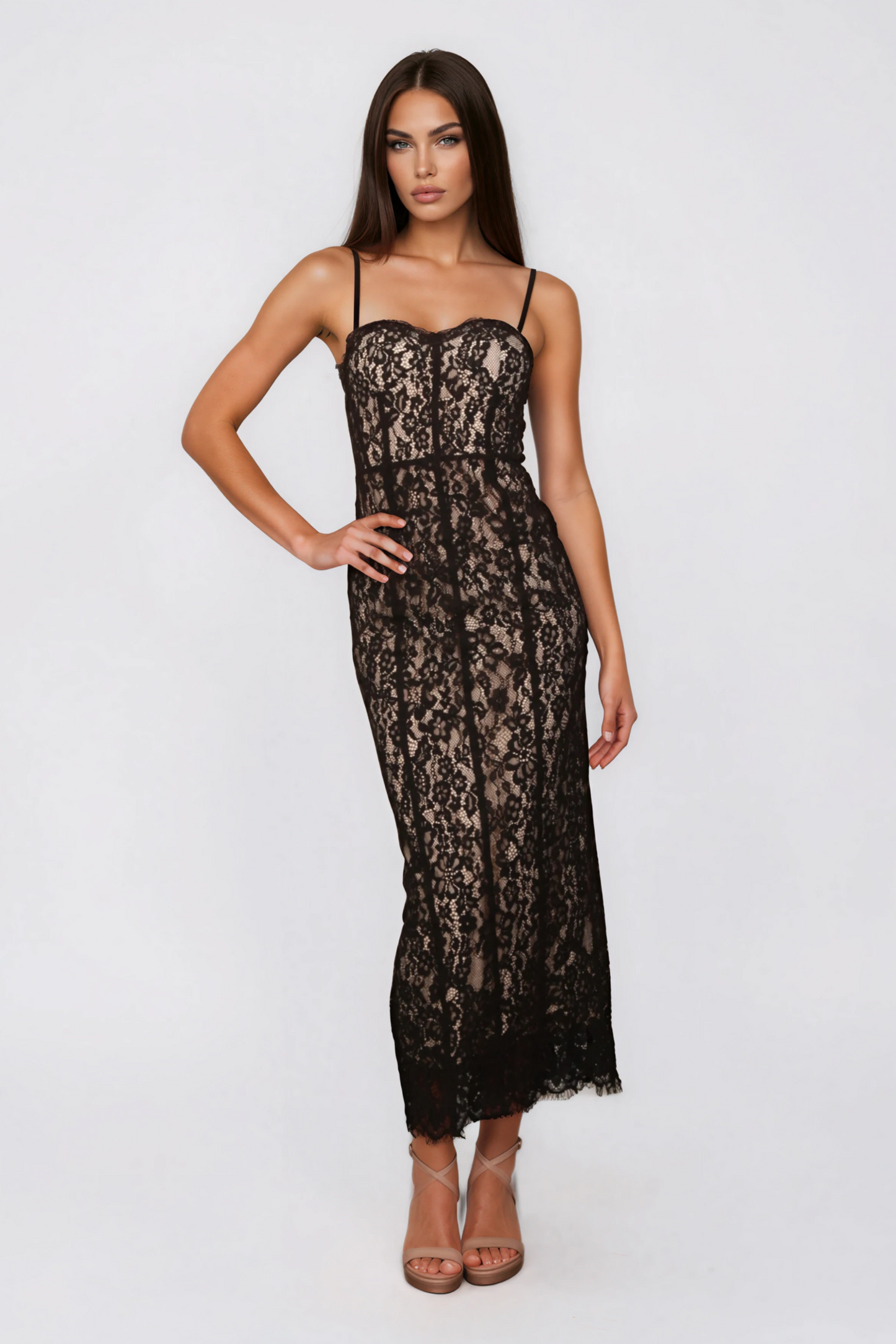 Luxury Range Floral Black Lace Midi Dress NDS-043