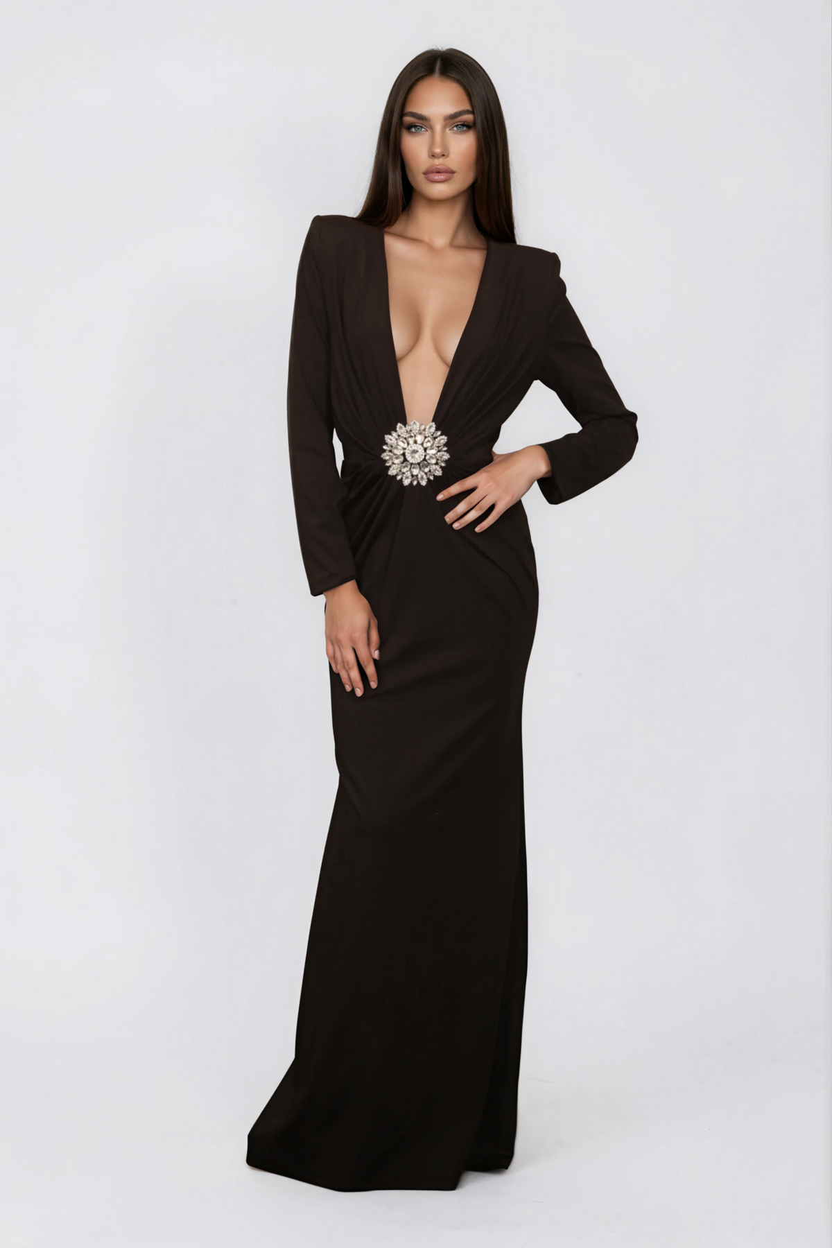 Luxury Range Black Plunge Neckline Crystal Embellishment Gown NDS-039