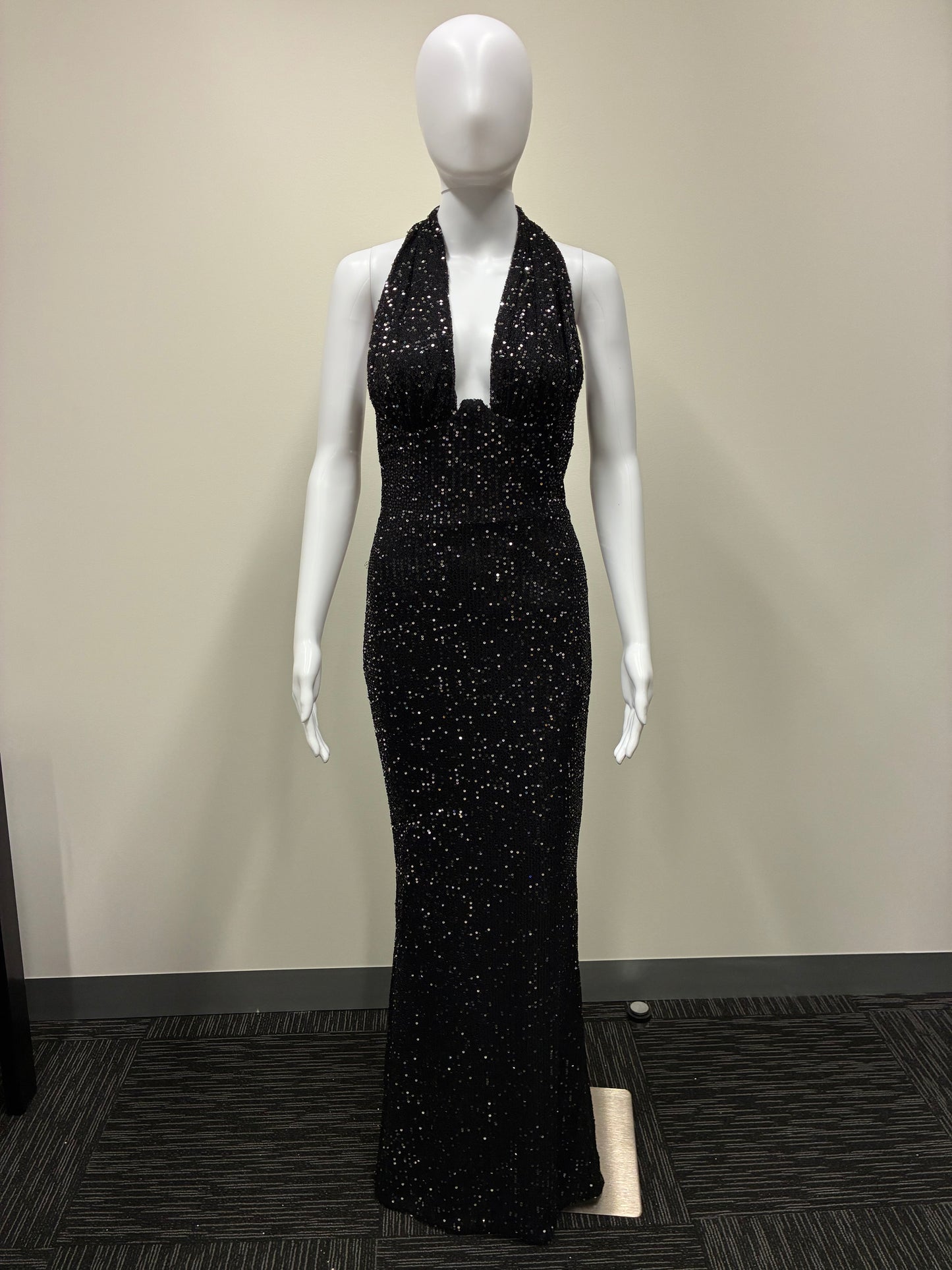Sequin Halter Plunge Backless Maxi Dress NDS-009